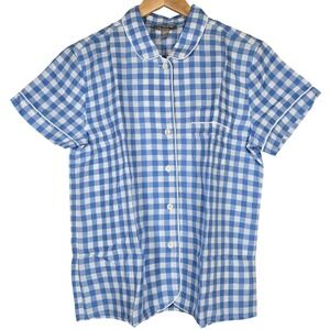 J. Crew Short Sleeve Blue White Gingham Linen-Cotton Pajama Top‎ S NWT